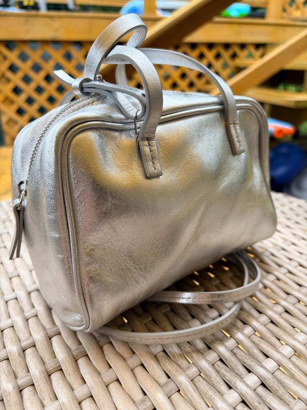 Theory Silver Metallic Leather Mini Bowling Crossbody Bag Made in Italy